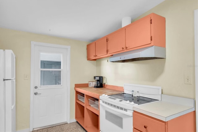 6628 Auburn Ave, Bradenton, FL 34207 - kitchen featuring white appliances, under cabinet range hood, dark speckled floor, and light countertops