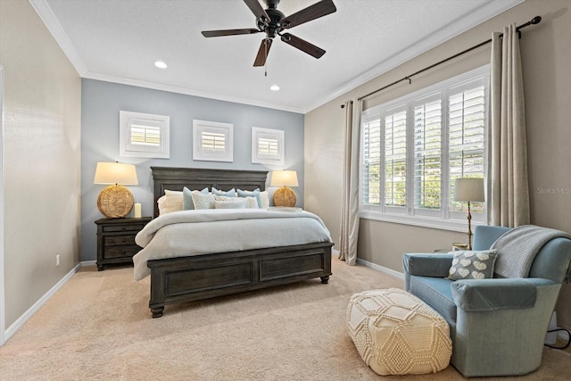 11508 Griffith Park Ter, Bradenton, FL 34211 - bedroom with baseboards, ornamental molding, light colored carpet, recessed lighting, and a ceiling fan