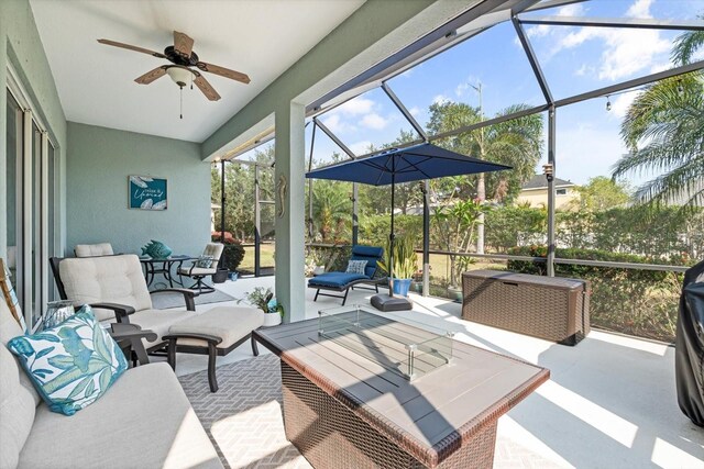 11508 Griffith Park Ter, Bradenton, FL 34211 - view of patio featuring an outdoor living space, ceiling fan, and glass enclosure