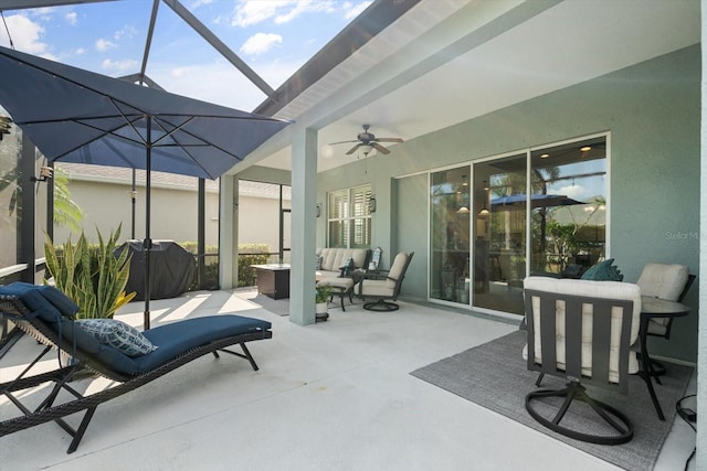11508 Griffith Park Ter, Bradenton, FL 34211 - view of patio / terrace featuring outdoor lounge area, a ceiling fan, a lanai, and area for grilling