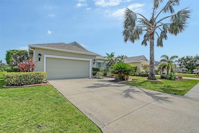 5320 Tide Point Way, Bradenton, FL 34208 - ranch-style house with stucco siding, a garage, concrete driveway, and a front yard