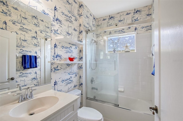 5320 Tide Point Way, Bradenton, FL 34208 - full bathroom with toilet, combined bath / shower with glass door, vanity, and wallpapered walls