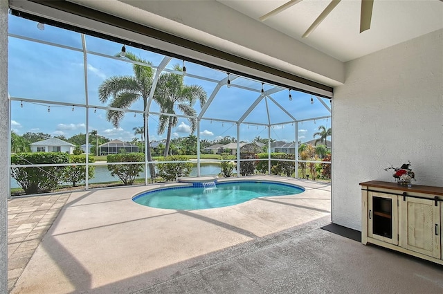 5320 Tide Point Way, Bradenton, FL 34208 - swimming pool with a patio area, a water view, glass enclosure, an in-ground hot tub, and a residential view