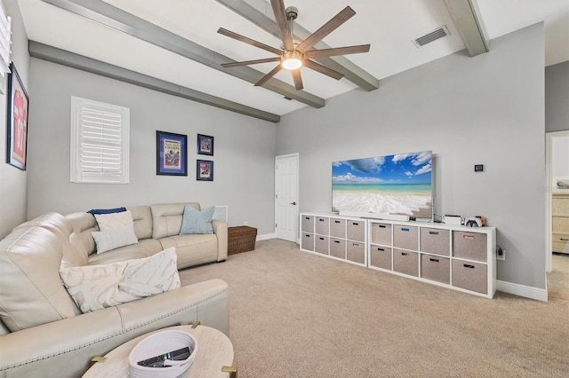6470 Indigo Bunting Pl, Lakewood Ranch, FL 34202 - living room featuring beam ceiling, ceiling fan, and carpet