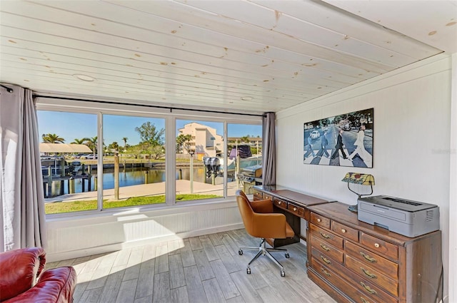9409 Catalina Dr, Bradenton, FL 34210 - office with a water view, wood finished floors, and wooden ceiling