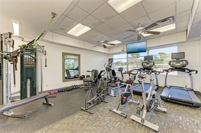 9409 Catalina Dr, Bradenton, FL 34210 - gym featuring a paneled ceiling and a ceiling fan