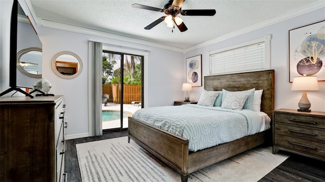 1010 68th St NW, Bradenton, FL 34209 - bedroom with access to outside, wood finished floors, crown molding, a textured ceiling, and a ceiling fan