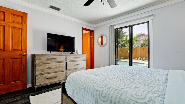 1010 68th St NW, Bradenton, FL 34209 - bedroom featuring access to outside, a textured ceiling, dark wood finished floors, crown molding, and ceiling fan