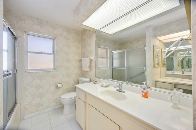 full bath featuring wallpapered walls, toilet, baseboards, tile patterned flooring, and vanity