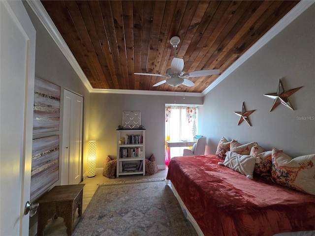 bedroom with wooden ceiling, ornamental molding, and a ceiling fan