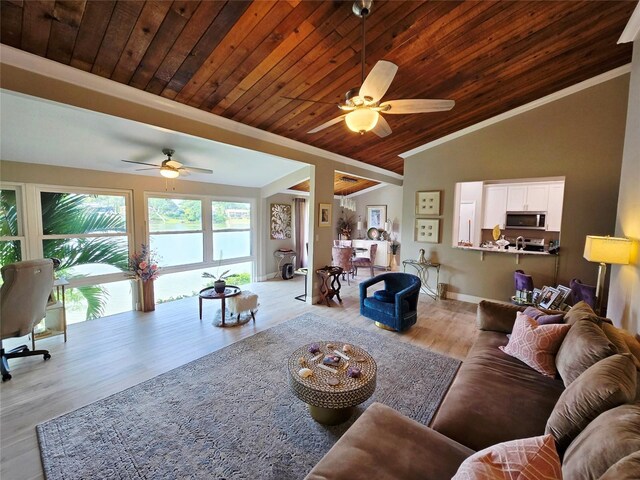 living room featuring ceiling fan, wood ceiling, light wood-style flooring, lofted ceiling, and ornamental molding