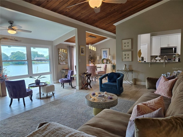 living room with a ceiling fan, wood ceiling, lofted ceiling, light wood finished floors, and baseboards