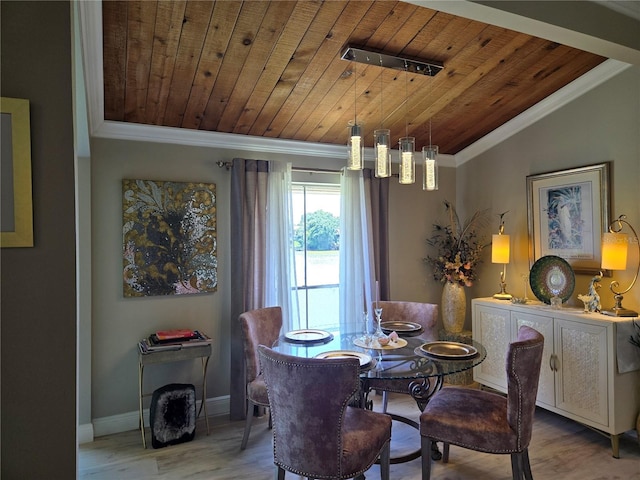 dining area with wooden ceiling, crown molding, wood finished floors, and baseboards