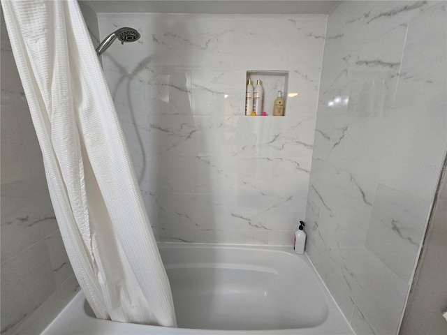 full bath featuring shower / bathtub combination with curtain