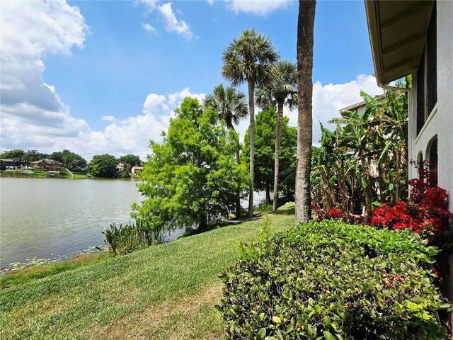 view of green lawn with a water view