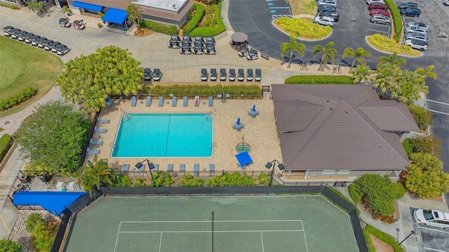 drone / aerial view of a pool