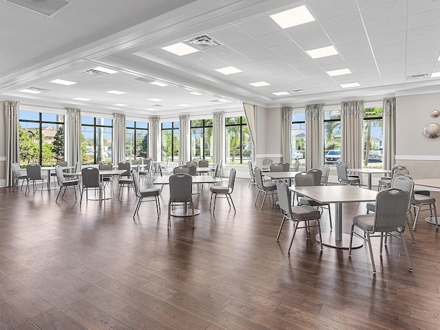 dining space with healthy amount of natural light, a paneled ceiling, and dark wood-type flooring