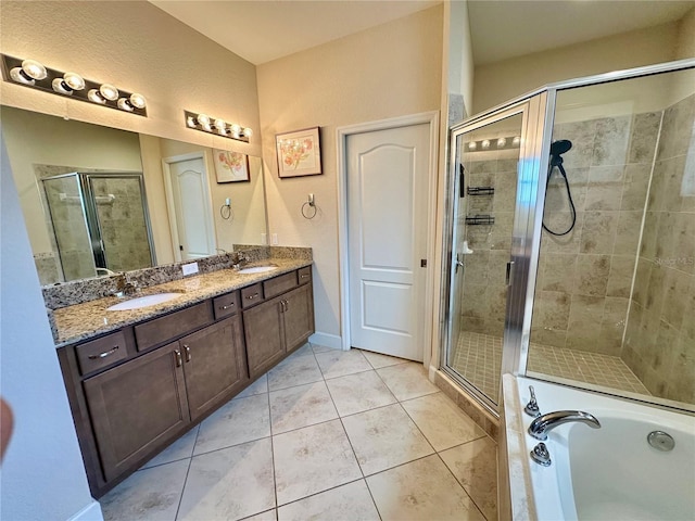 1568 Cordgrass Way, Lakeland, FL 33813 - bathroom with a shower stall, double vanity, a garden tub, and tile patterned flooring