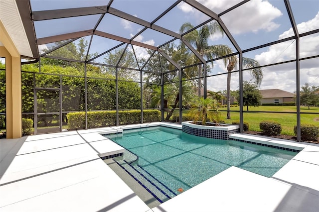 1542 Ormond Ter, Parrish, FL 34219 - view of swimming pool with glass enclosure, a patio, a lawn, and a pool with connected hot tub