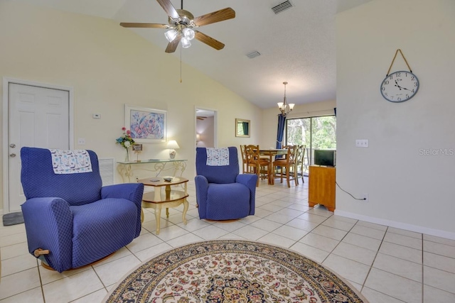 tiled living room with a chandelier, a ceiling fan, baseboards, and high vaulted ceiling