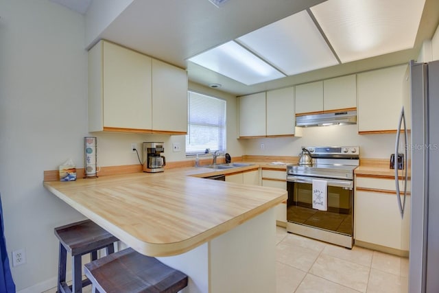 kitchen with stainless steel appliances, under cabinet range hood, a sink, a peninsula, and a breakfast bar