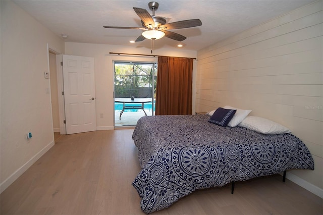 bedroom with access to outside, light wood finished floors, baseboards, a ceiling fan, and recessed lighting