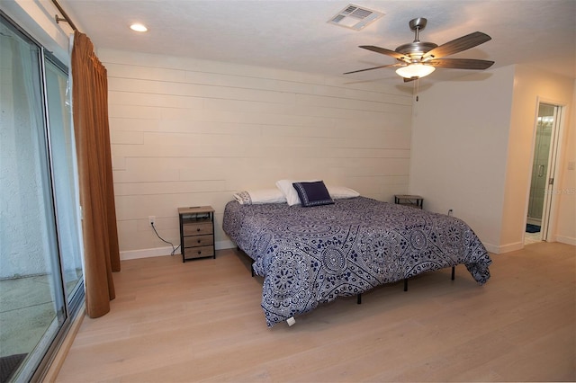 bedroom with light wood finished floors, baseboards, ceiling fan, and recessed lighting