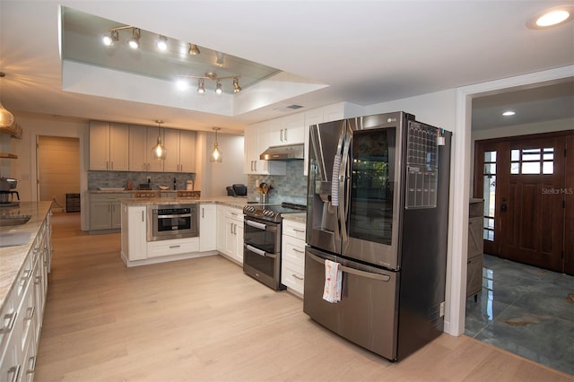 kitchen featuring appliances with stainless steel finishes, a raised ceiling, a peninsula, under cabinet range hood, and tasteful backsplash