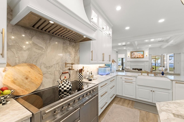 kitchen with premium range hood, a sink, recessed lighting, a fireplace, and light wood finished floors