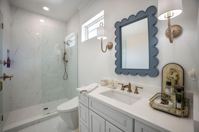 bathroom with a marble finish shower, toilet, marble finish flooring, vanity, and recessed lighting