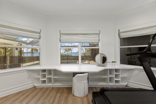office space featuring crown molding and light wood-style floors