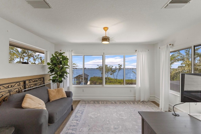 living room featuring wood finished floors, healthy amount of natural light, baseboards, and a textured ceiling