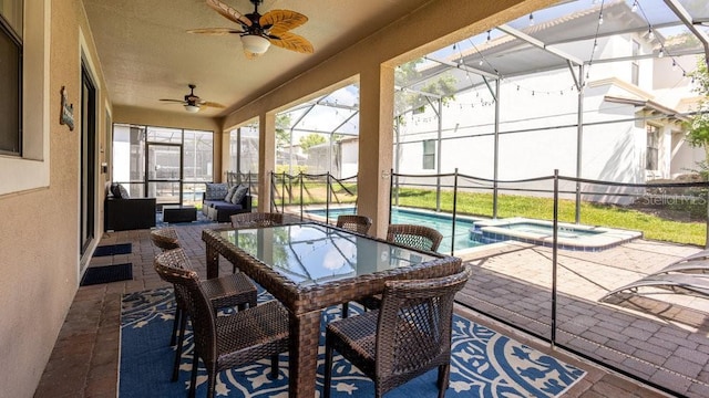 1450 Rolling Fairway Dr, Davenport, FL 33896 - sunroom / solarium with a hot tub and a ceiling fan