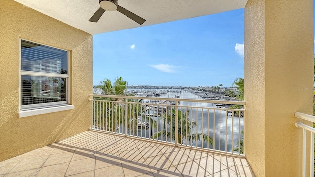 610 Riviera Dunes Way Unit 308, Palmetto, FL 34221 - balcony with a water view, a ceiling fan, and view of marina