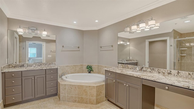 610 Riviera Dunes Way Unit 308, Palmetto, FL 34221 - ensuite bathroom with a stall shower, a bath, tile patterned flooring, ornamental molding, and recessed lighting