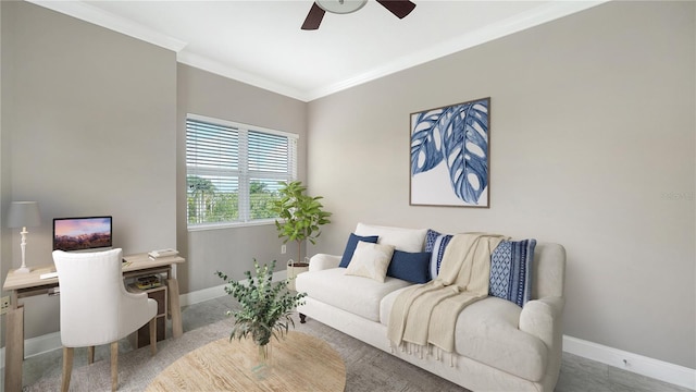 610 Riviera Dunes Way Unit 308, Palmetto, FL 34221 - living room featuring a ceiling fan, crown molding, and baseboards