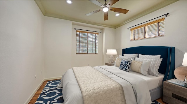 203 28th St W, Palmetto, FL 34221 - bedroom with ornamental molding, wood finished floors, baseboards, recessed lighting, and ceiling fan