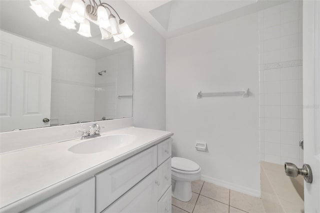 full bathroom with toilet, vanity, tile patterned flooring, a chandelier, and shower / bath combination