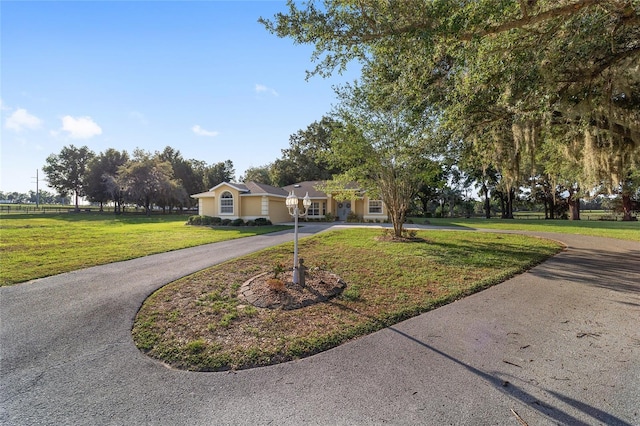 single story home featuring curved driveway and a front yard