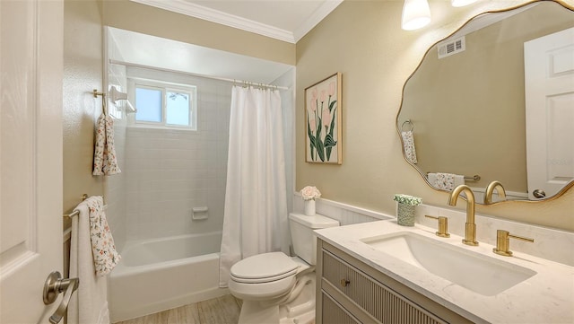445 Matisse Cir S Unit 445, Nokomis, FL 34275 - full bathroom featuring crown molding, toilet, vanity, wood finished floors, and shower / bath combo