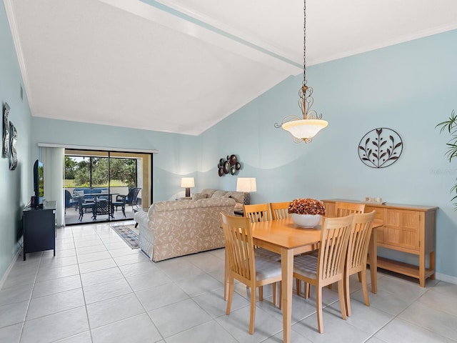 dining room with light tile patterned flooring, beamed ceiling, baseboards, crown molding, and high vaulted ceiling