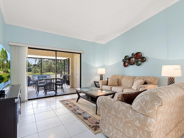 living room with light tile patterned floors and ornamental molding