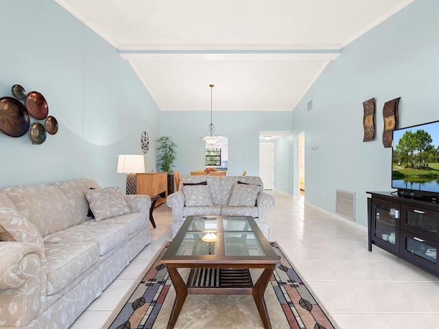 living room with beamed ceiling, high vaulted ceiling, tile patterned flooring, ornamental molding, and baseboards