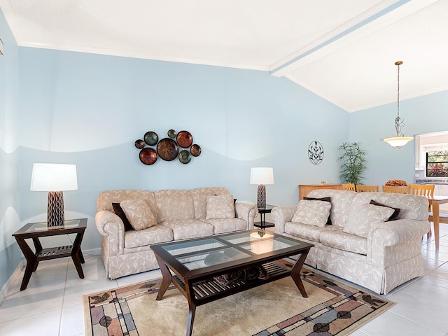 living room featuring light tile patterned floors and ornamental molding
