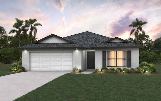 1446 Appaloosa St, Port Charlotte, FL 33980 - view of front of house featuring driveway, a garage, a front lawn, roof with shingles, and stucco siding