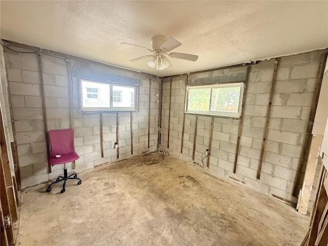 1726 8th St, Sarasota, FL 34236 - basement with concrete block wall, a textured ceiling, healthy amount of natural light, and ceiling fan