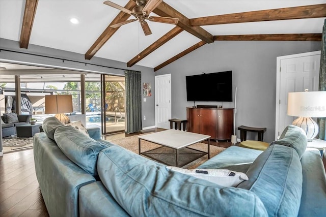 living room featuring a ceiling fan, wood finished floors, baseboards, and recessed lighting