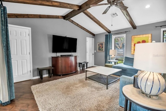 living room featuring healthy amount of natural light, wood finished floors, a ceiling fan, recessed lighting, and baseboards