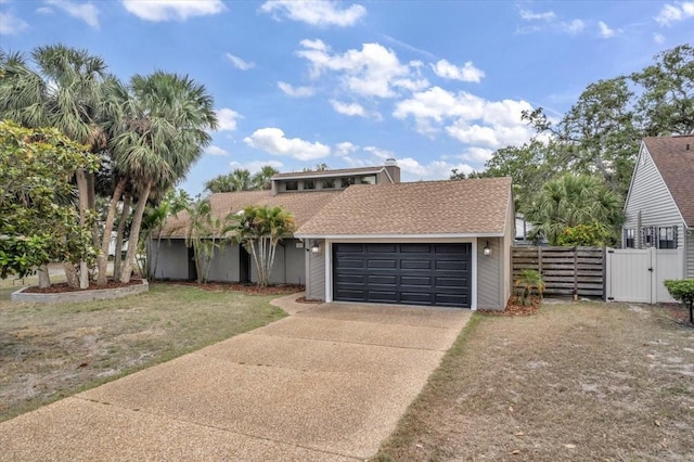 mid-century inspired home featuring a gate, an attached garage, concrete driveway, and roof with shingles