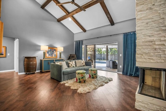 living area with high vaulted ceiling, ceiling fan, baseboards, beam ceiling, and wood-type flooring